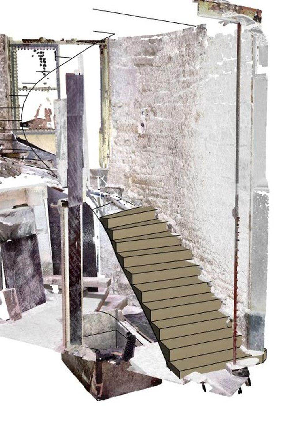 Cage d'escalier, relevé nuage de points et modélisation des marches