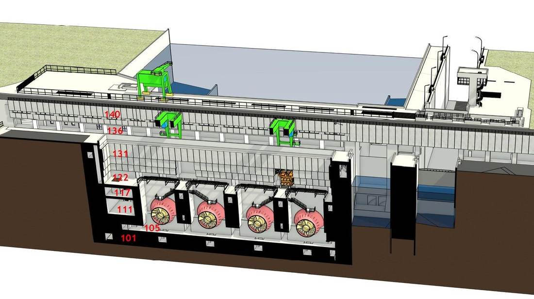 Centrale hydroélectrique de Sablons, coupe longitudinale