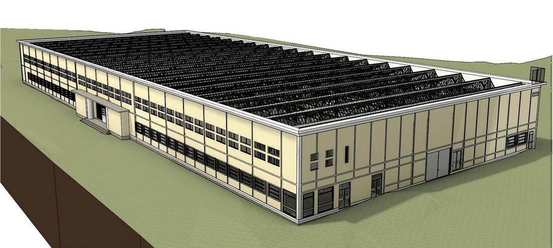Hall d'usine REXO, Dorat, maquette BIM de l'extérieur