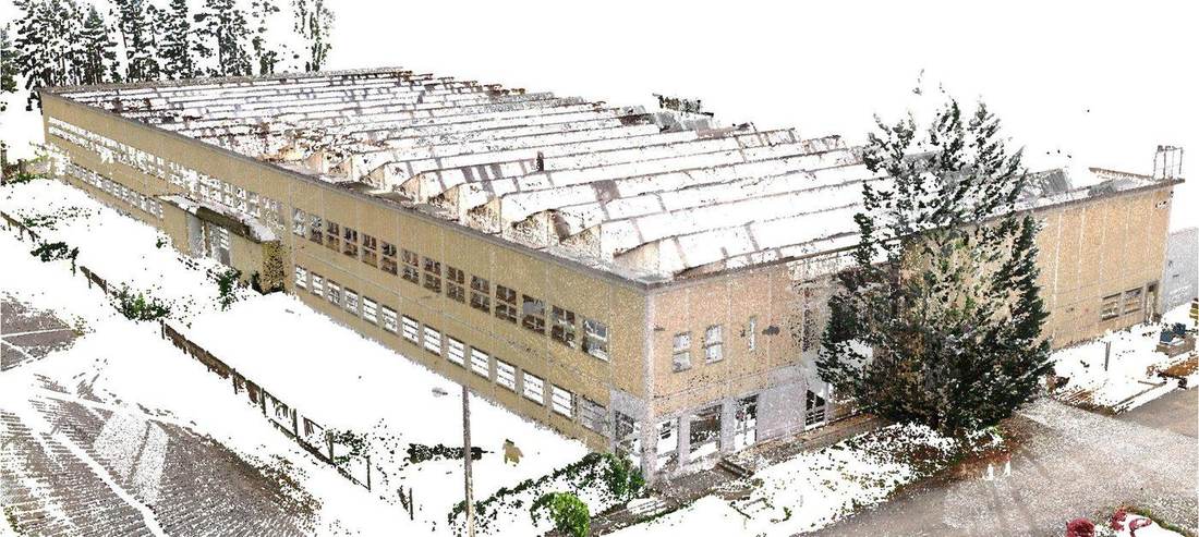 Hall d'usine REXO, Dorat, nuage de points de l'extérieur