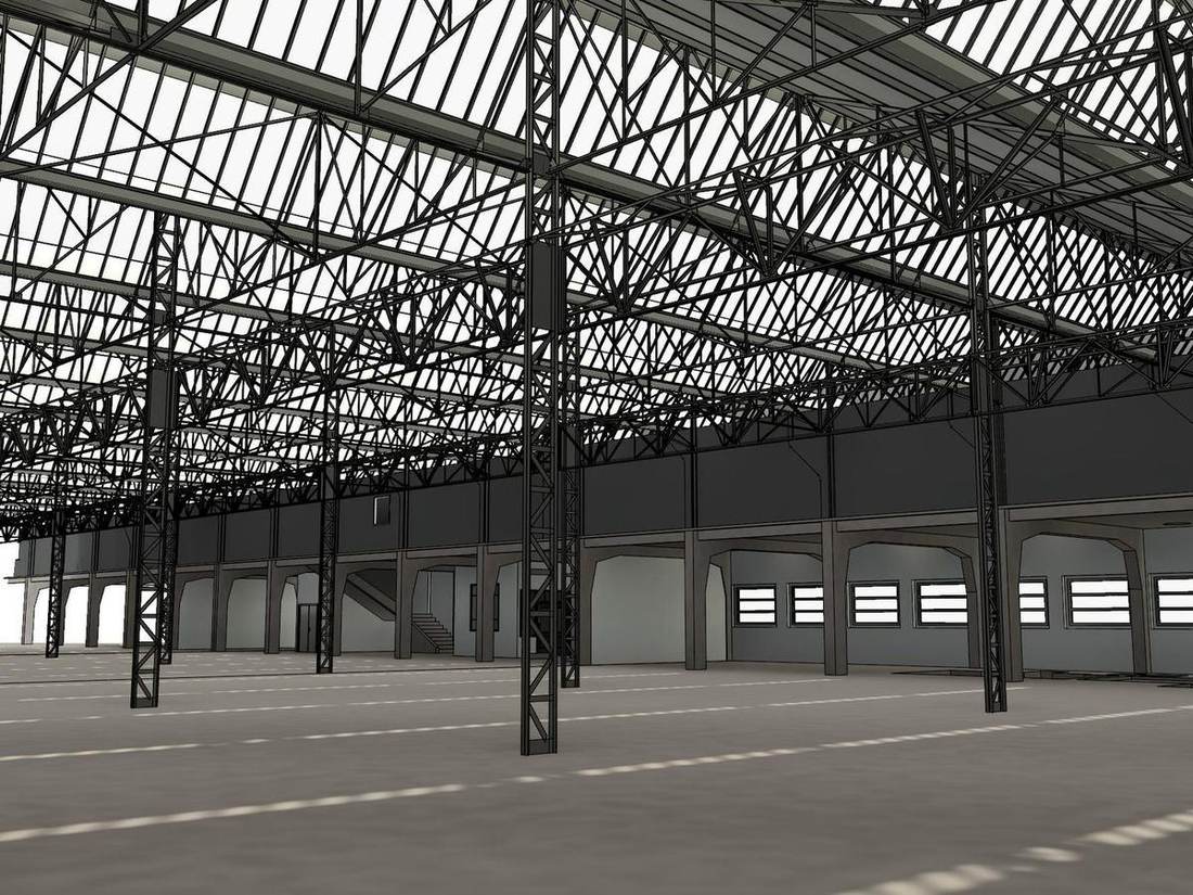 Hall d'usine REXO, maquette BIM de la charpente métallique