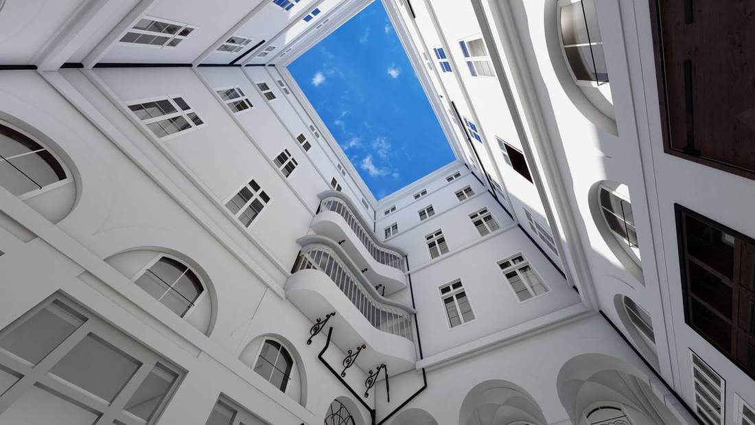 Hôtel La Cour des Loges, Lyon, cour intérieure, vue vers le ciel